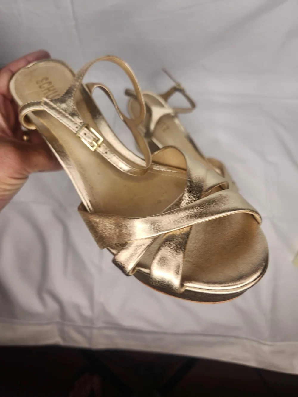 Metallic Gold Platform Block Heel Sandals with Ankle Strap